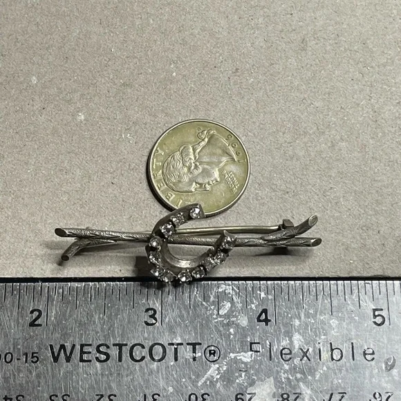 Silver Branch Lucky Horseshoe Antique Brooch White Rhinestones 800 Silver - Picture 10 of 12